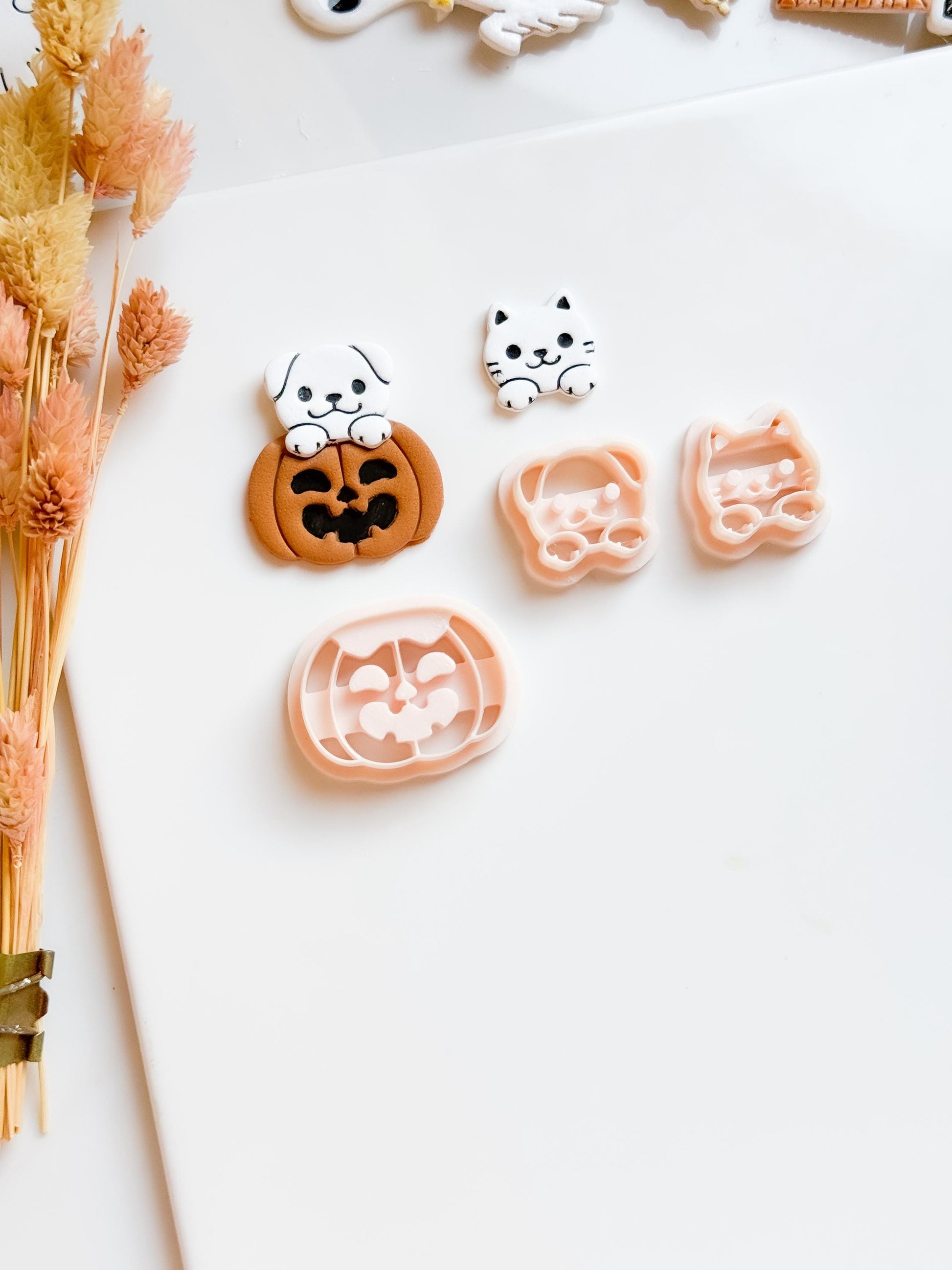 Cat or Dog on Pumpkin Clay Cutter Set: Halloween Jewelry Making