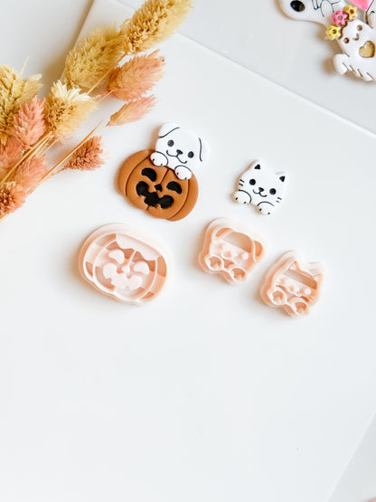 Cat or Dog on Pumpkin Clay Cutter Set: Halloween Jewelry Making