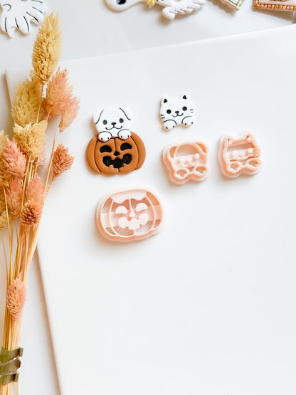 Cat or Dog on Pumpkin Clay Cutter Set: Halloween Jewelry Making