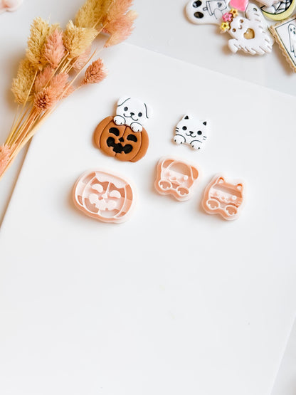 Cat or Dog on Pumpkin Clay Cutter Set: Halloween Jewelry Making