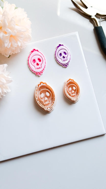 Skull Cameo Clay Cutter Spooky Oval Frame Design for Earrings, Charms & Halloween Jewelry