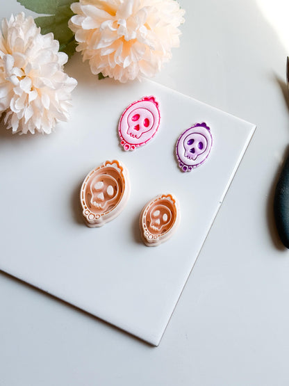 Skull Cameo Clay Cutter Spooky Oval Frame Design for Earrings, Charms & Halloween Jewelry