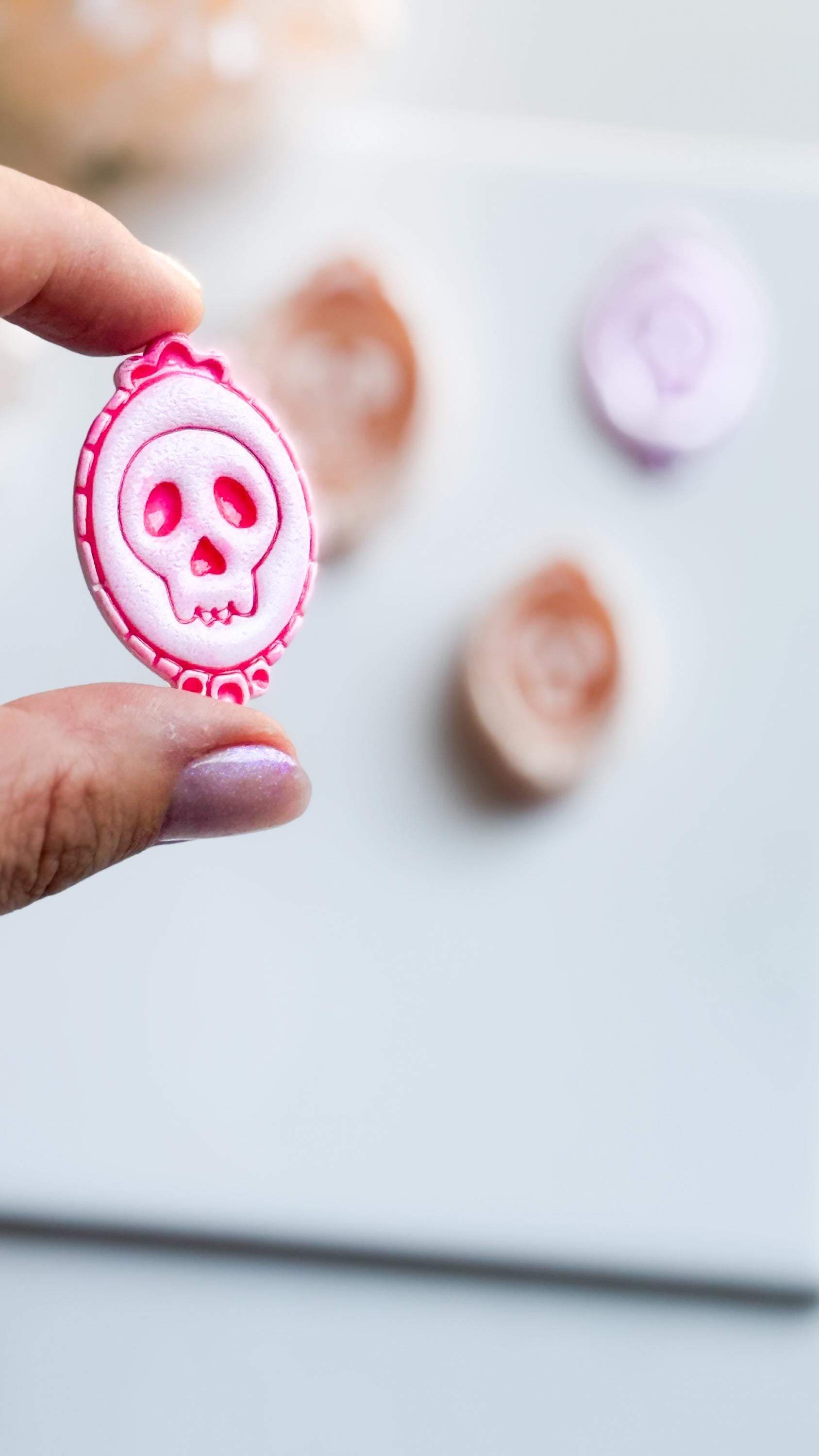 Skull Cameo Clay Cutter Spooky Oval Frame Design for Earrings, Charms & Halloween Jewelry