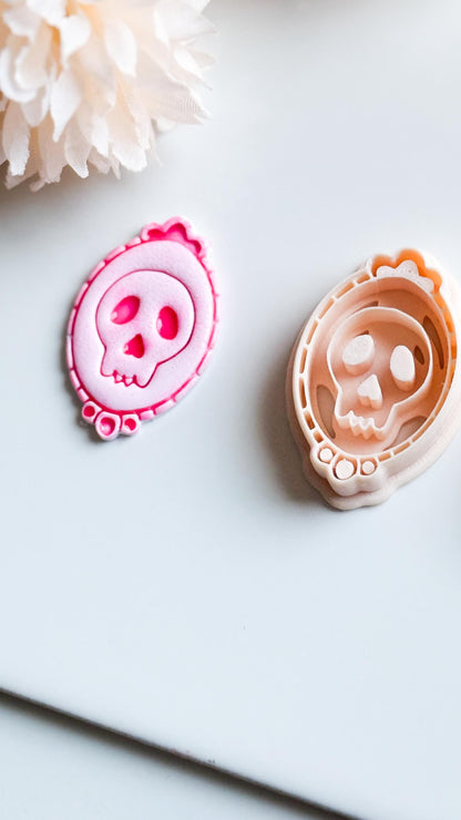 Skull Cameo Clay Cutter Spooky Oval Frame Design for Earrings, Charms & Halloween Jewelry