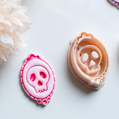 Skull Cameo Clay Cutter Spooky Oval Frame Design for Earrings, Charms & Halloween Jewelry