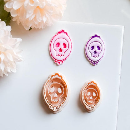 Skull Cameo Clay Cutter Spooky Oval Frame Design for Earrings, Charms & Halloween Jewelry
