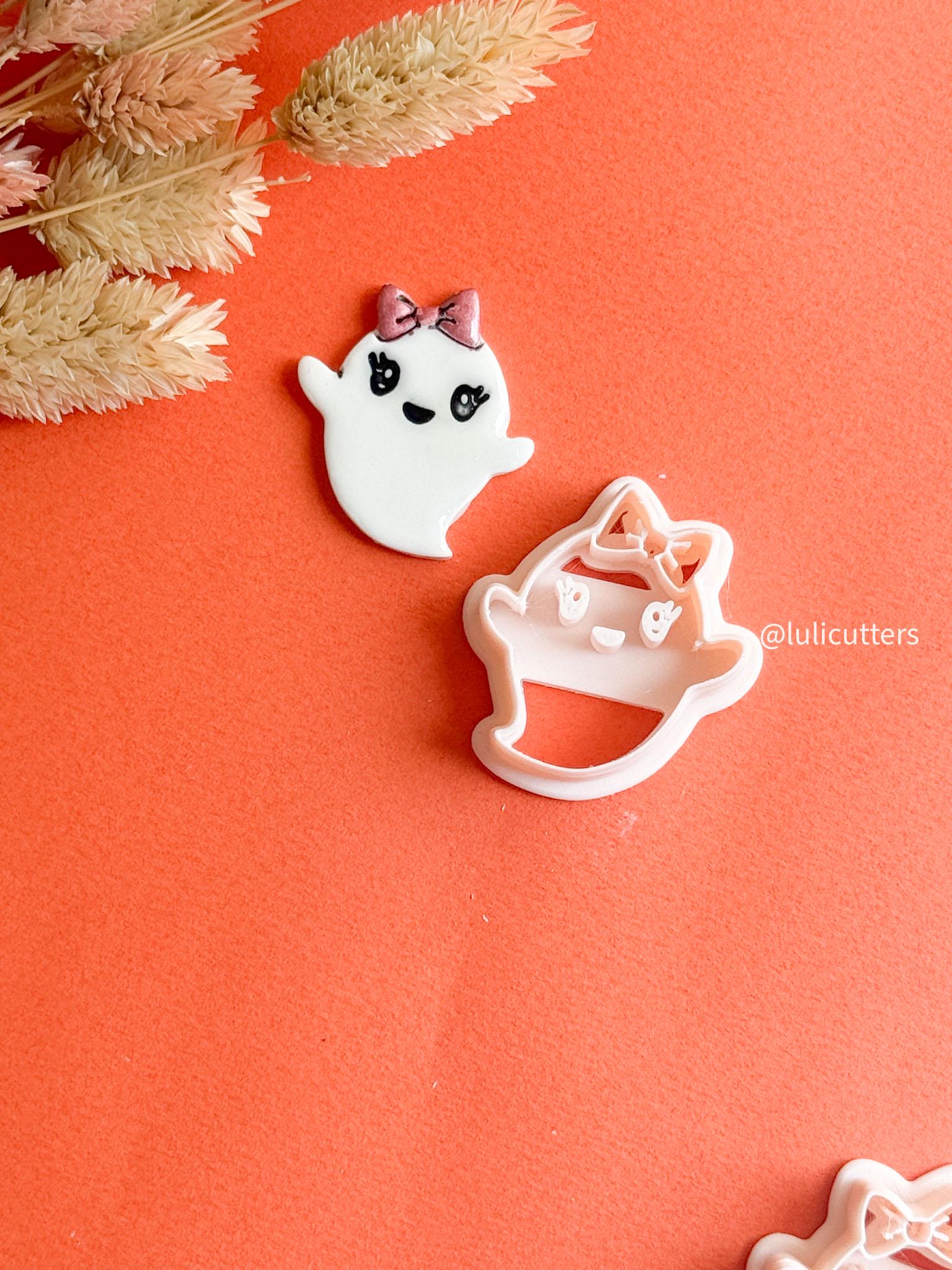 Happy Ghost Girl Clay Cutter: Halloween Earring Mold with Bow