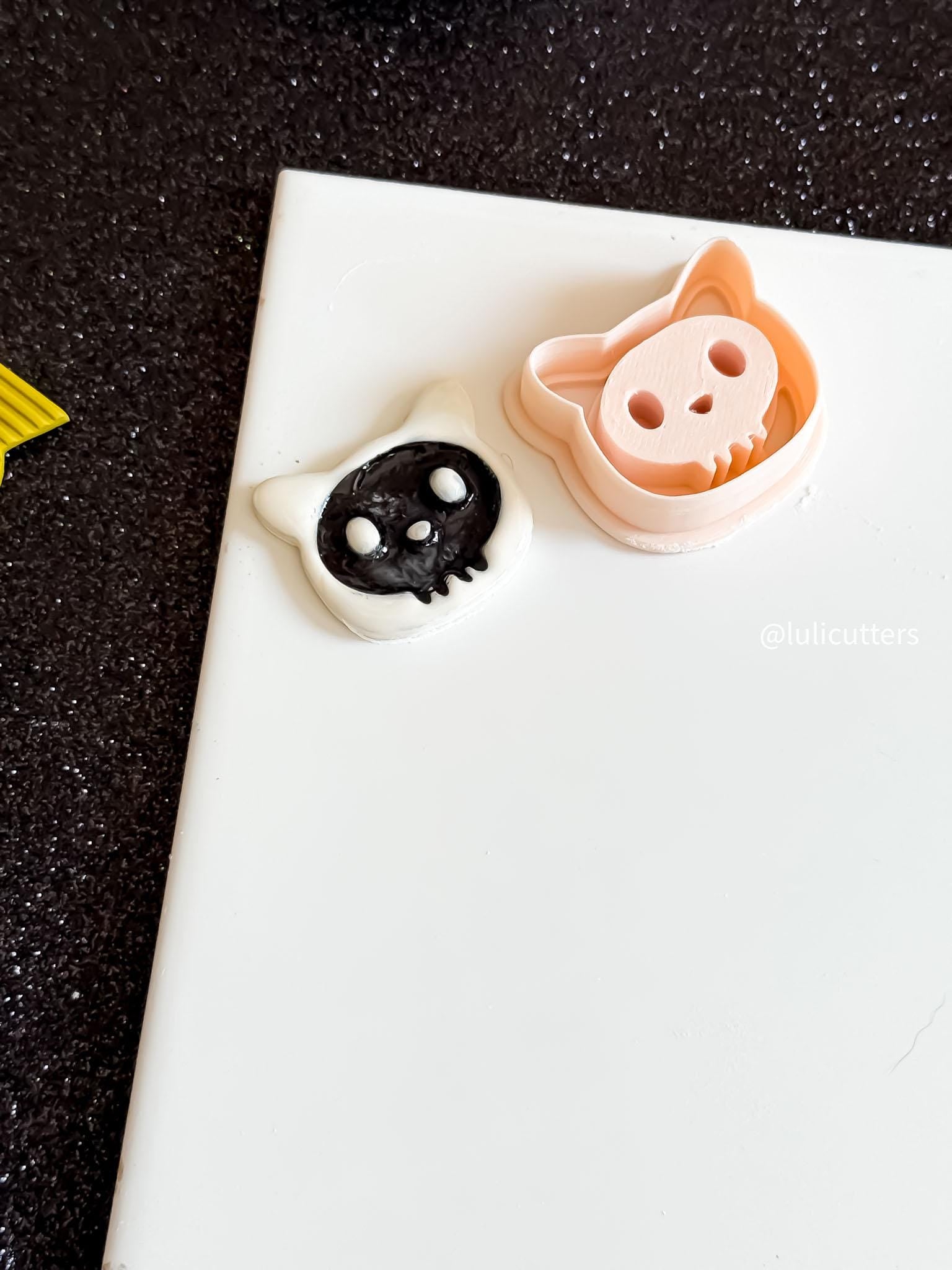 Cat Skull Clay Cutter: Spooky Kawaii Halloween Jewelry Mold