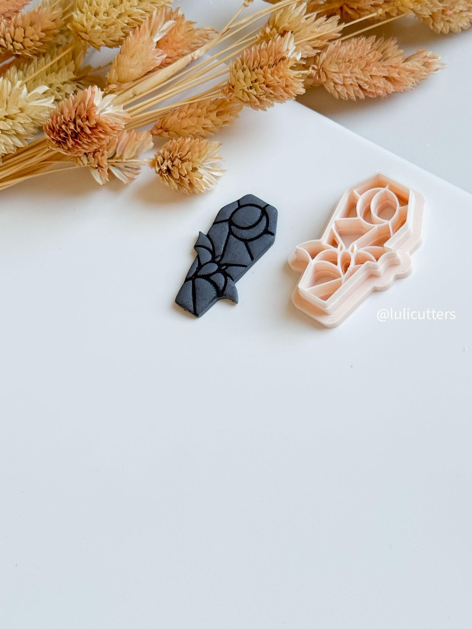 Bat Coffin Clay Cutter: Gothic Halloween Earring Tool with Stained Glass Moon