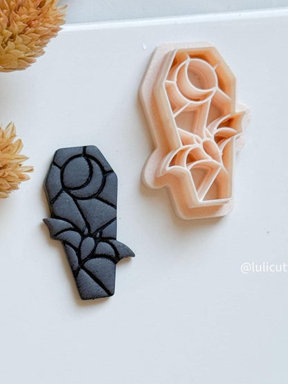 Bat Coffin Clay Cutter: Gothic Halloween Earring Tool with Stained Glass Moon