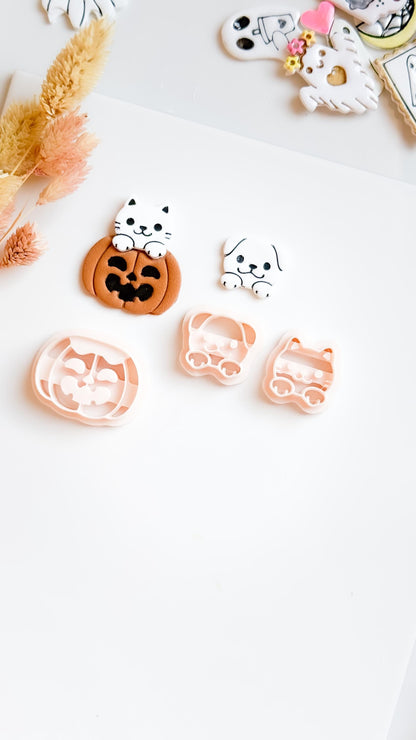 Cat or Dog on Pumpkin Clay Cutter Set: Halloween Jewelry Making