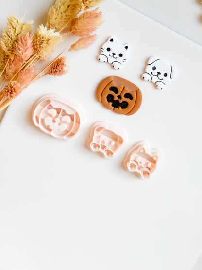 Cat or Dog on Pumpkin Clay Cutter Set: Halloween Jewelry Making