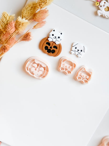Cat or Dog on Pumpkin Clay Cutter Set: Halloween Jewelry Making
