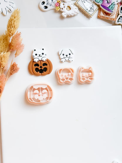 Cat or Dog on Pumpkin Clay Cutter Set: Halloween Jewelry Making