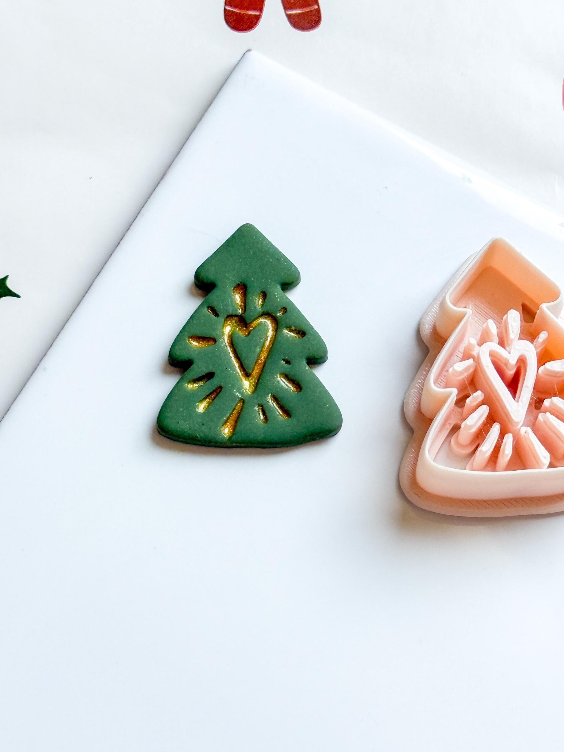 Polymer Clay Christmas Tree Cutter with Heart and Imprint Details