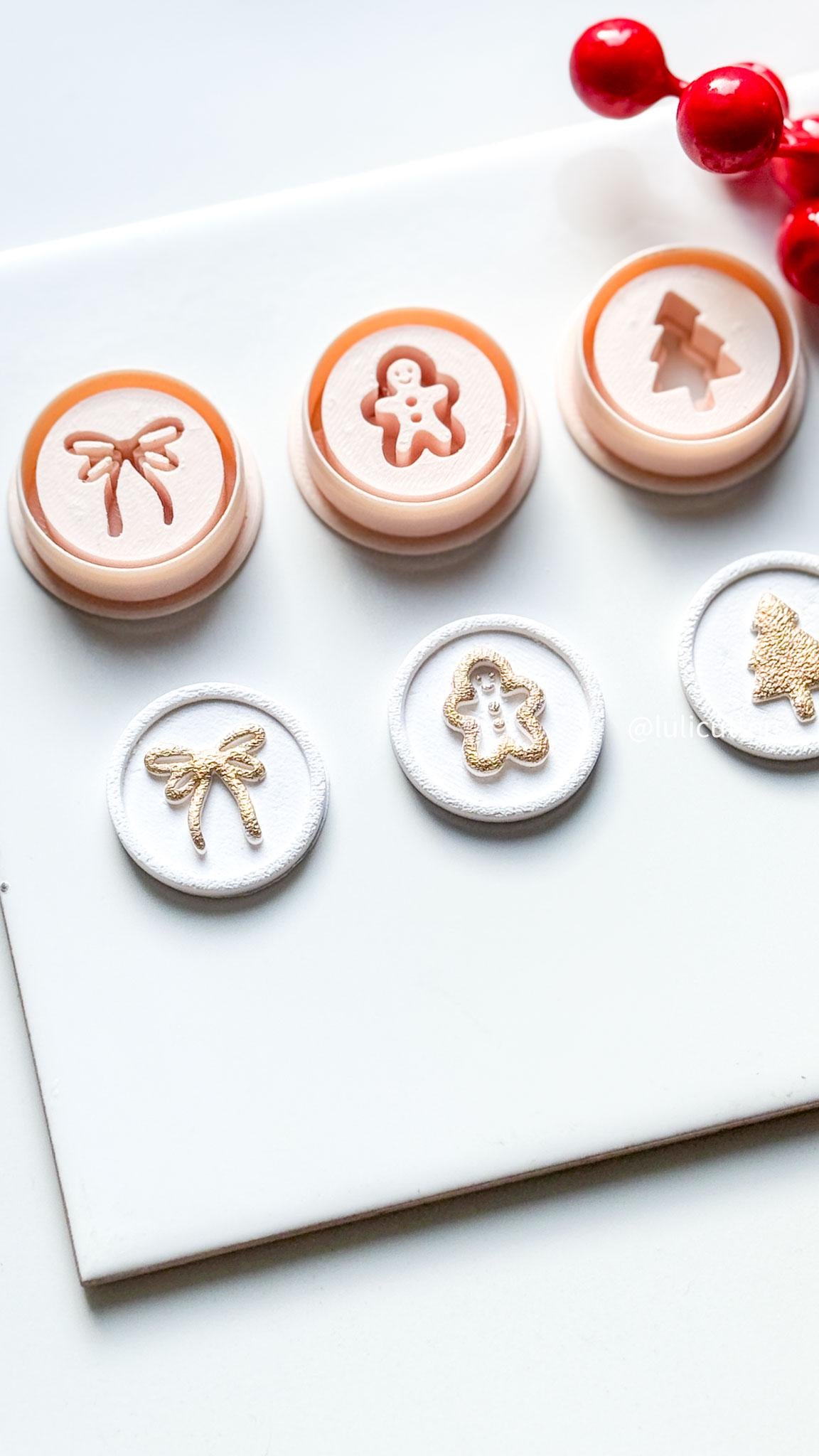 Polymer Clay Christmas Stamp Set Bow, Gingerbread & Tree