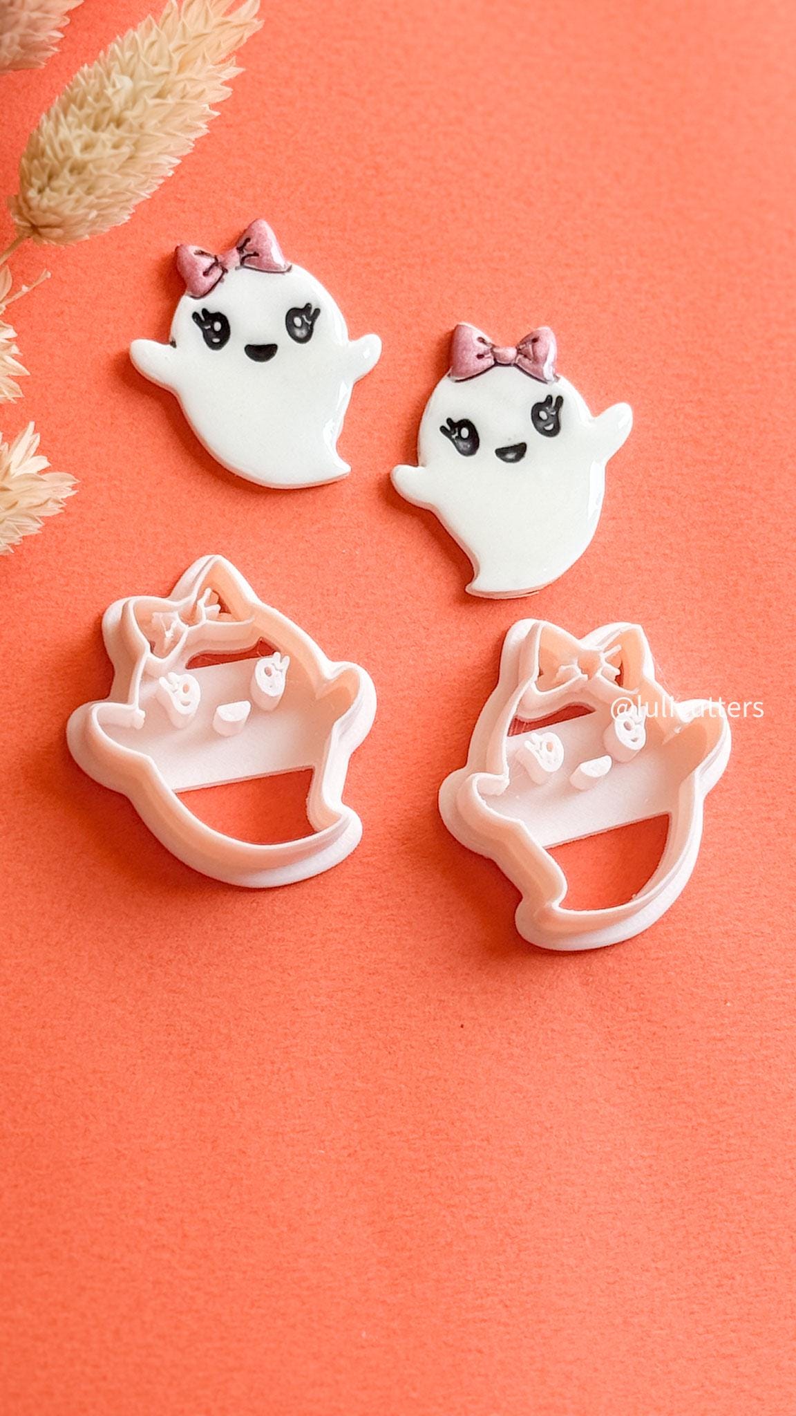 Happy Ghost Girl Clay Cutter: Halloween Earring Mold with Bow