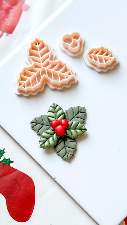 Holly Leaves & Berries Clay Cutter: Christmas Jewelry, Ornaments