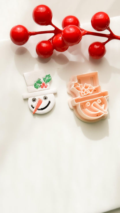 Polymer Clay Snowman Cutter Christmas Snowman with Holly Hat and Imprint Details