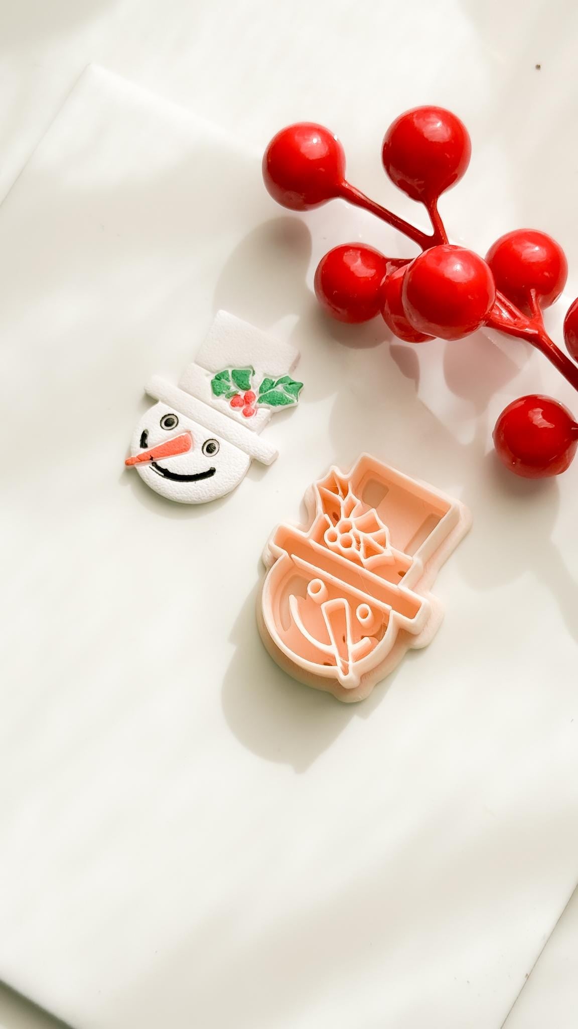 Polymer Clay Snowman Cutter Christmas Snowman with Holly Hat and Imprint Details