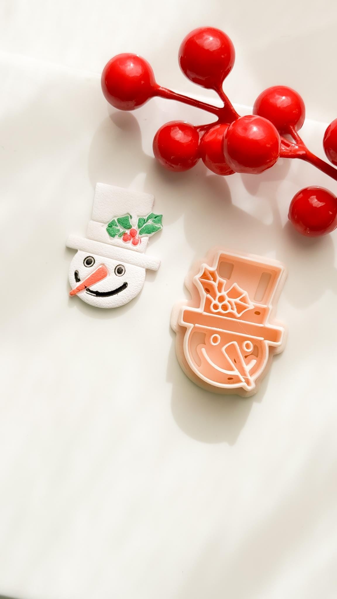 Polymer Clay Snowman Cutter Christmas Snowman with Holly Hat and Imprint Details