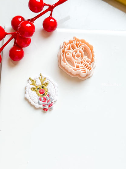 Polymer Clay Christmas Reindeer Cutter with Scarf and Imprint Details