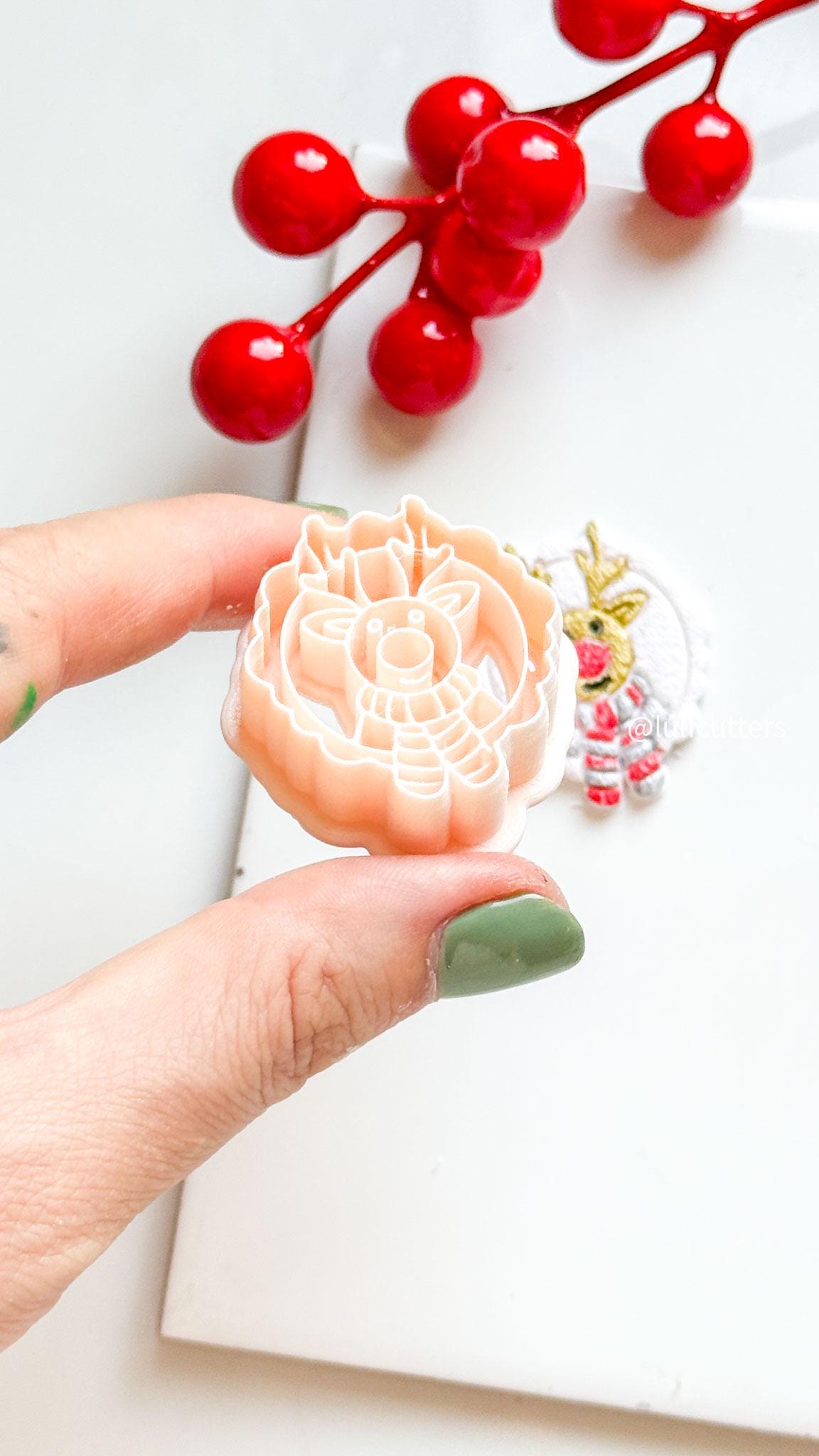 Polymer Clay Christmas Reindeer Cutter with Scarf and Imprint Details