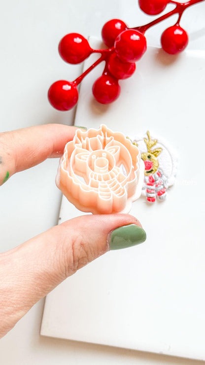 Polymer Clay Christmas Reindeer Cutter with Scarf and Imprint Details