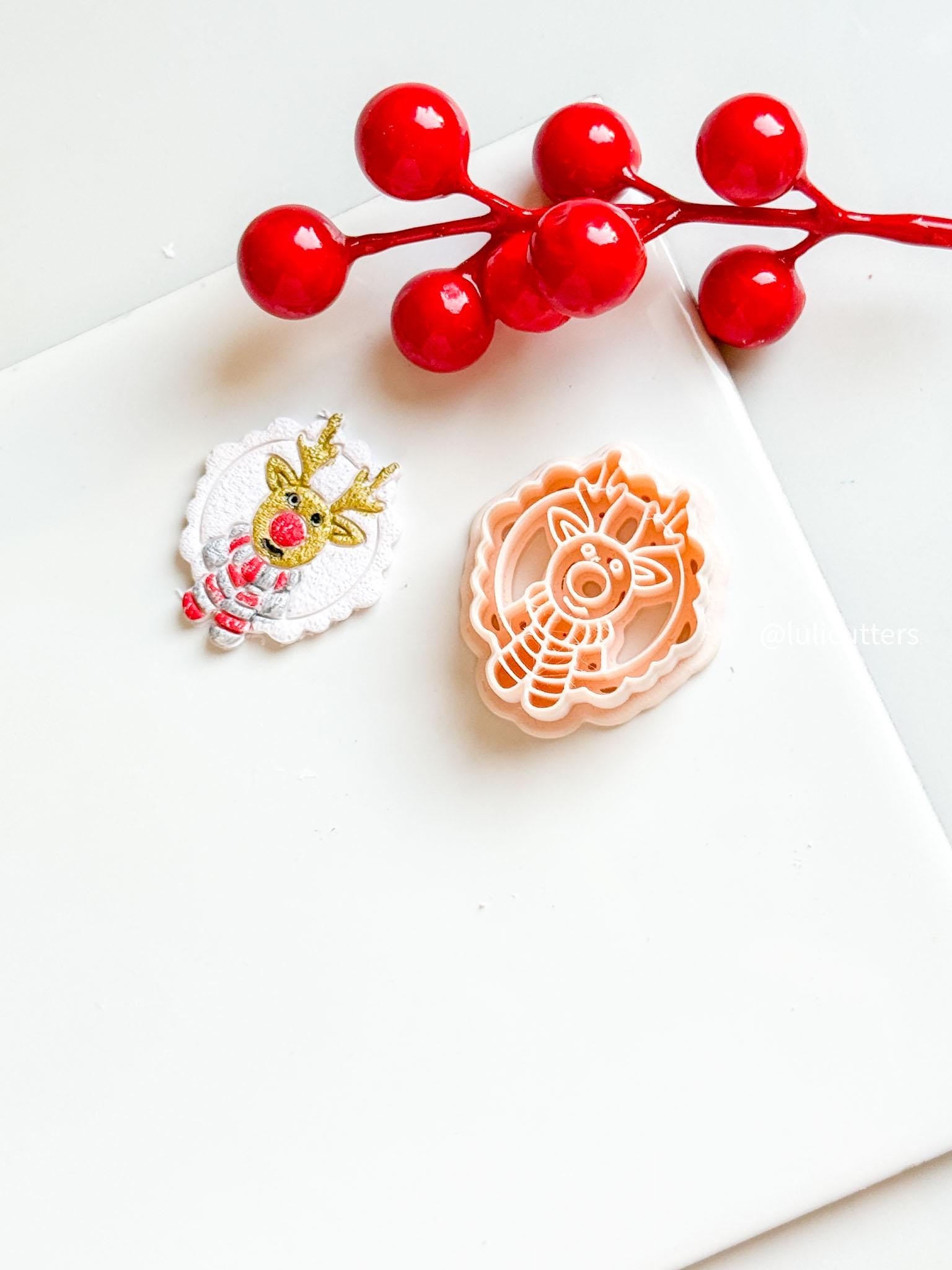 Polymer Clay Christmas Reindeer Cutter with Scarf and Imprint Details