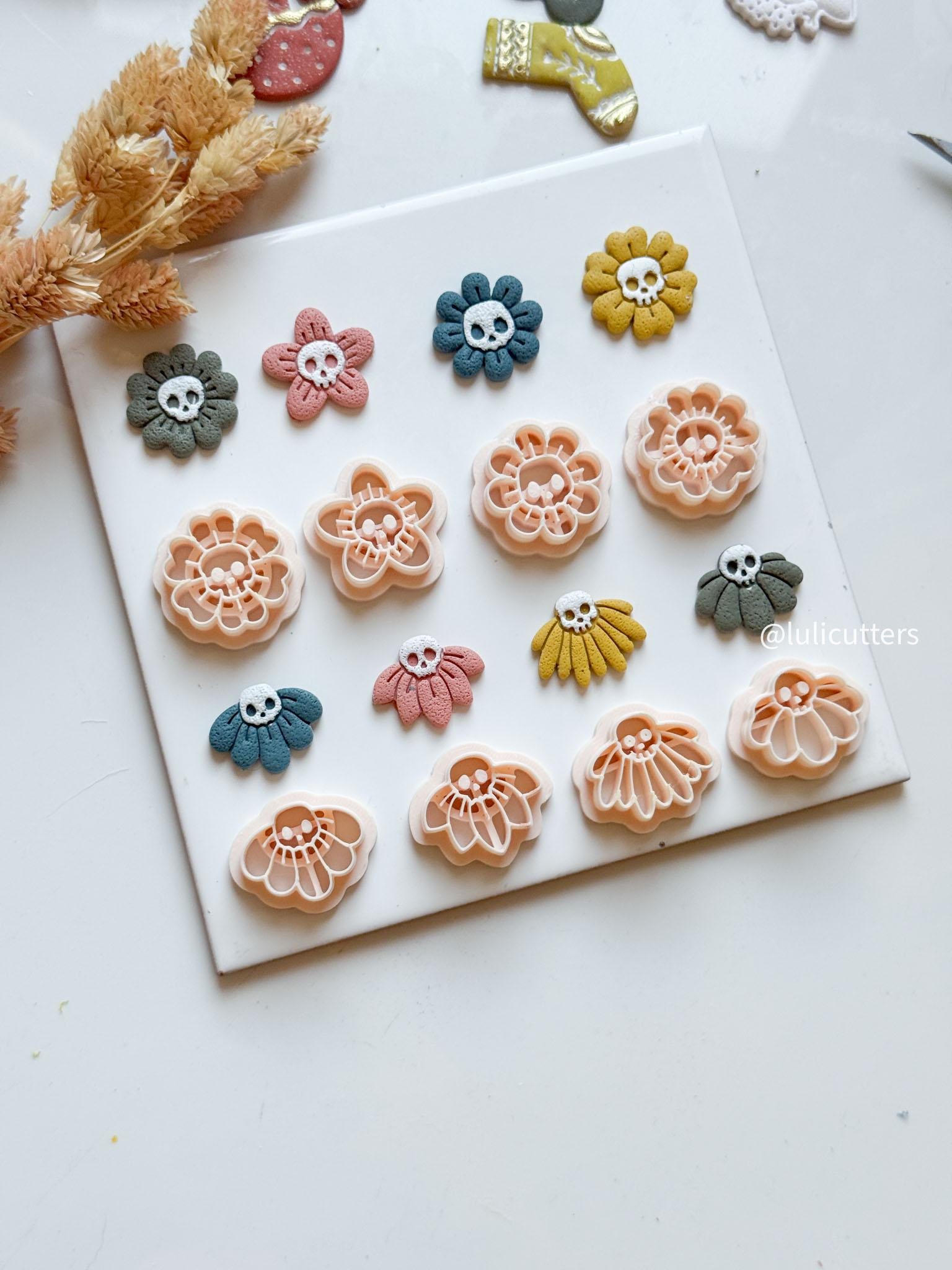 Halloween Skull Flower Clay Earring Cutter Set Spooky Floral Jewelry Tools
