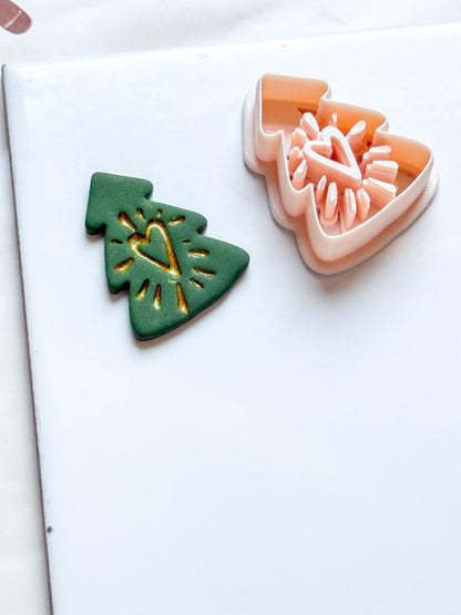 Polymer Clay Christmas Tree Cutter with Heart and Imprint Details