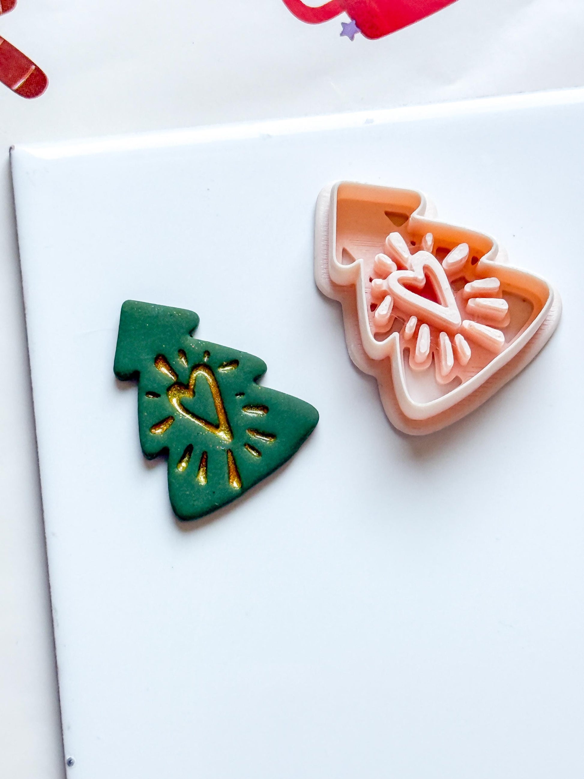 Polymer Clay Christmas Tree Cutter with Heart and Imprint Details