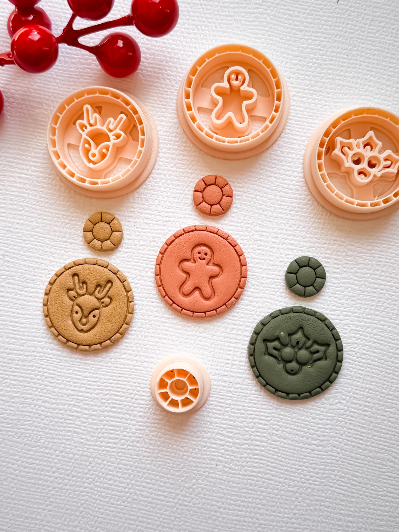 Christmas Stamp Polymer Clay Earring Cutters Gingerbread, Reindeer, Holly
