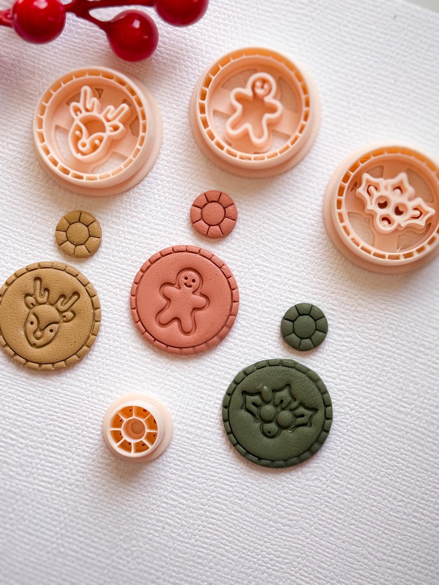 Christmas Stamp Polymer Clay Earring Cutters Gingerbread, Reindeer, Holly