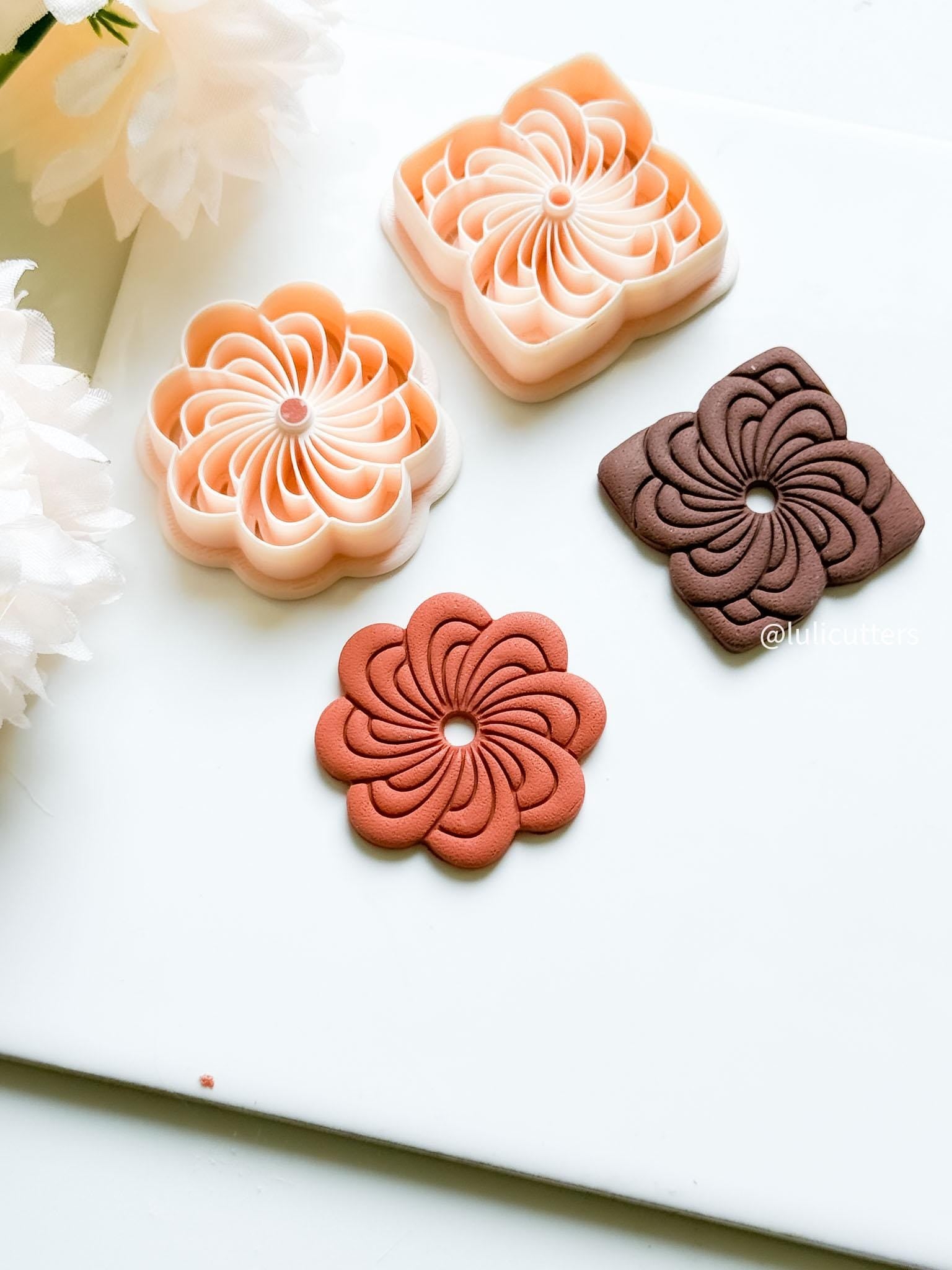 Floral Spiral Clay Earring Cutter Set with Round & Square Frame Options