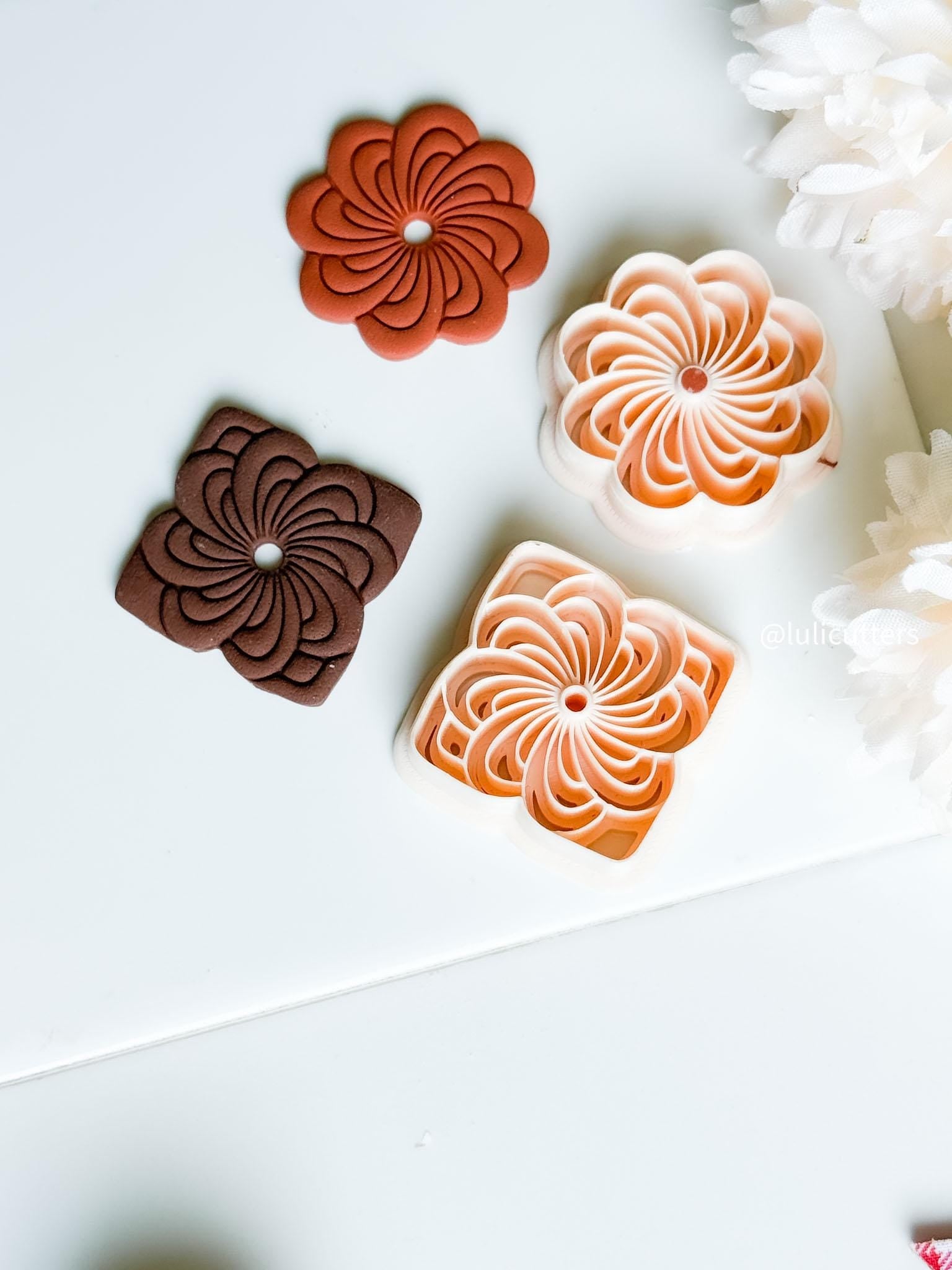 Floral Spiral Clay Earring Cutter Set with Round & Square Frame Options