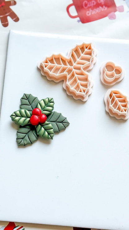 Holly Leaves & Berries Clay Cutter: Christmas Jewelry, Ornaments