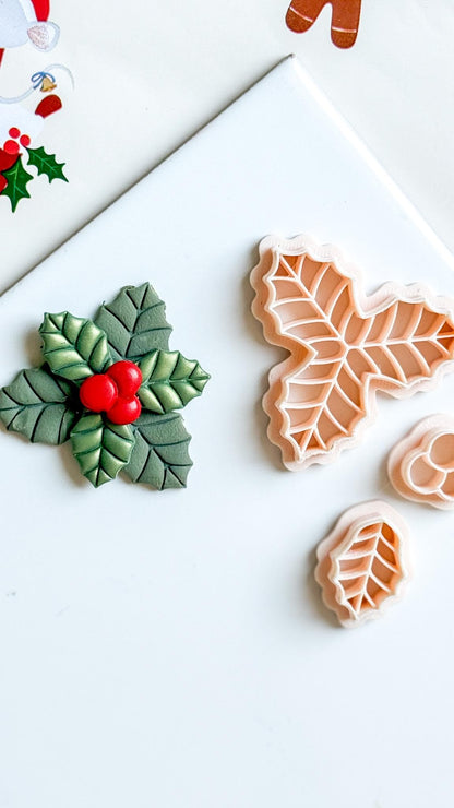 Holly Leaves & Berries Clay Cutter: Christmas Jewelry, Ornaments