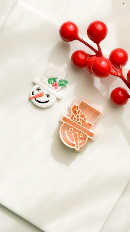 Polymer Clay Snowman Cutter Christmas Snowman with Holly Hat and Imprint Details