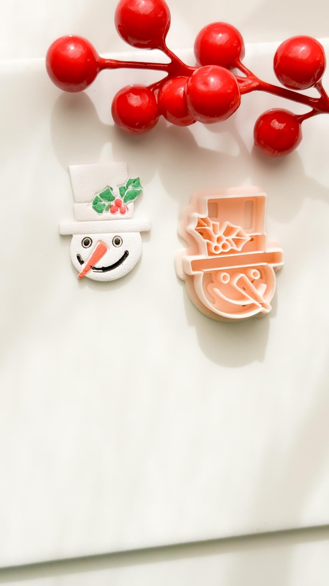 Polymer Clay Snowman Cutter Christmas Snowman with Holly Hat and Imprint Details