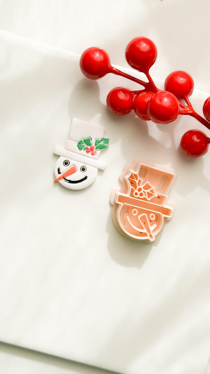 Polymer Clay Snowman Cutter Christmas Snowman with Holly Hat and Imprint Details
