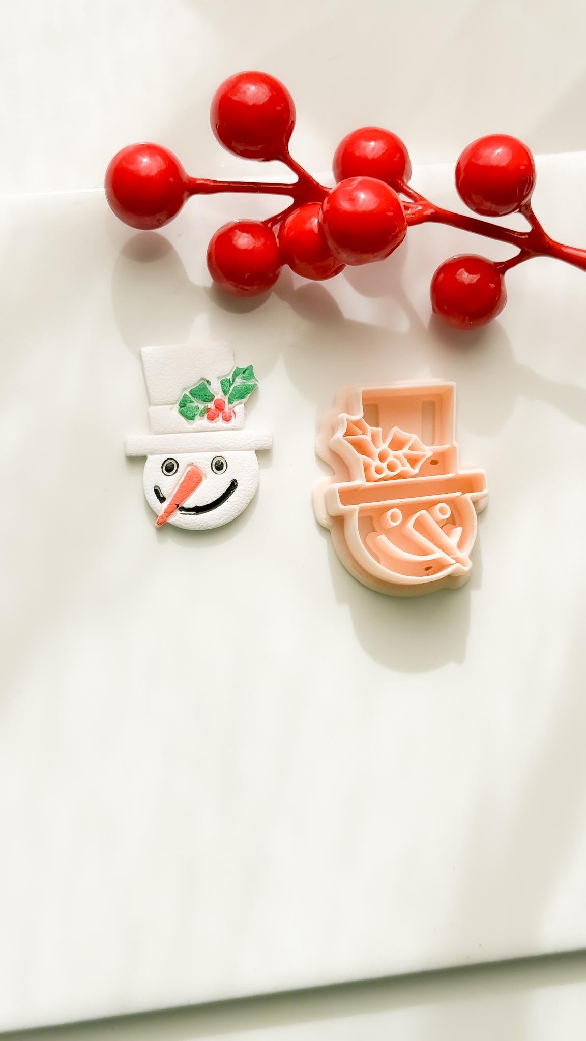 Polymer Clay Snowman Cutter Christmas Snowman with Holly Hat and Imprint Details