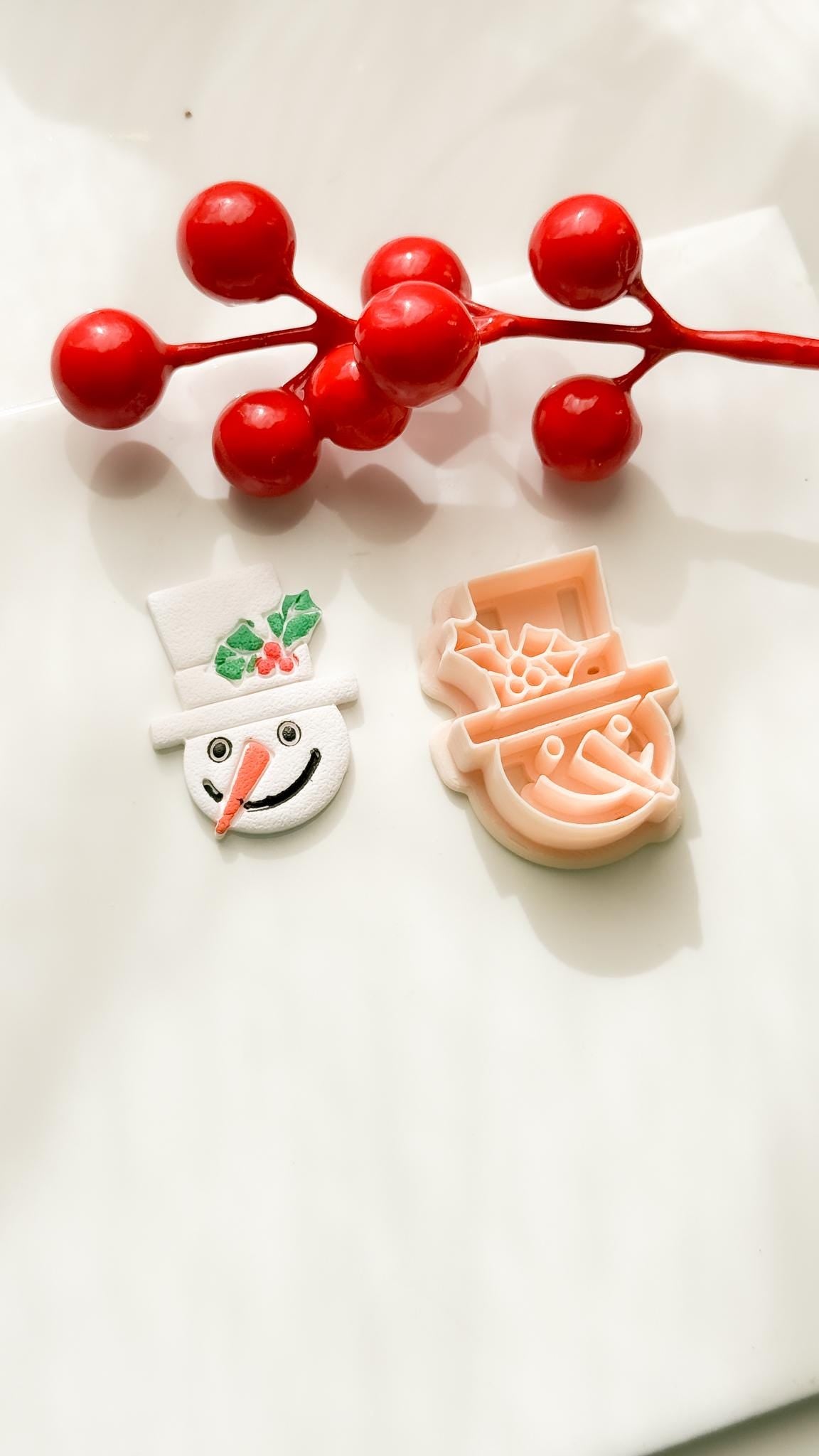 Polymer Clay Snowman Cutter Christmas Snowman with Holly Hat and Imprint Details