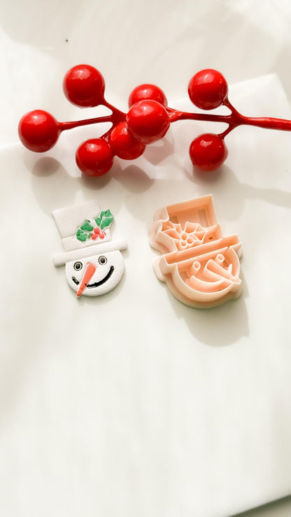 Polymer Clay Snowman Cutter Christmas Snowman with Holly Hat and Imprint Details