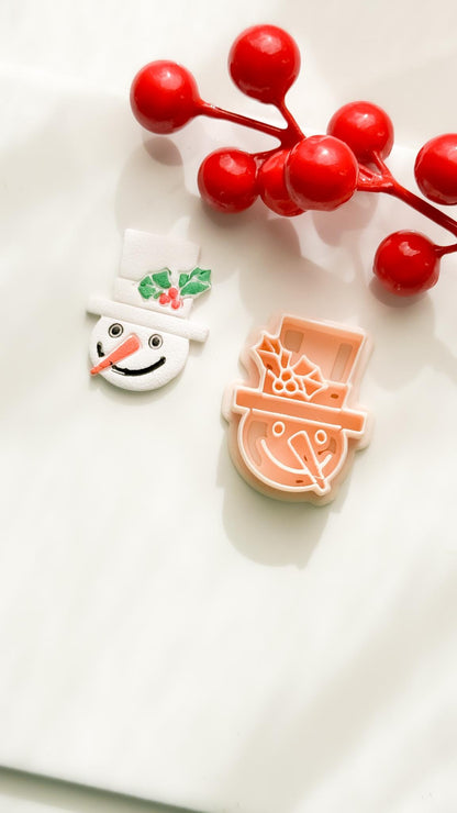 Polymer Clay Snowman Cutter Christmas Snowman with Holly Hat and Imprint Details