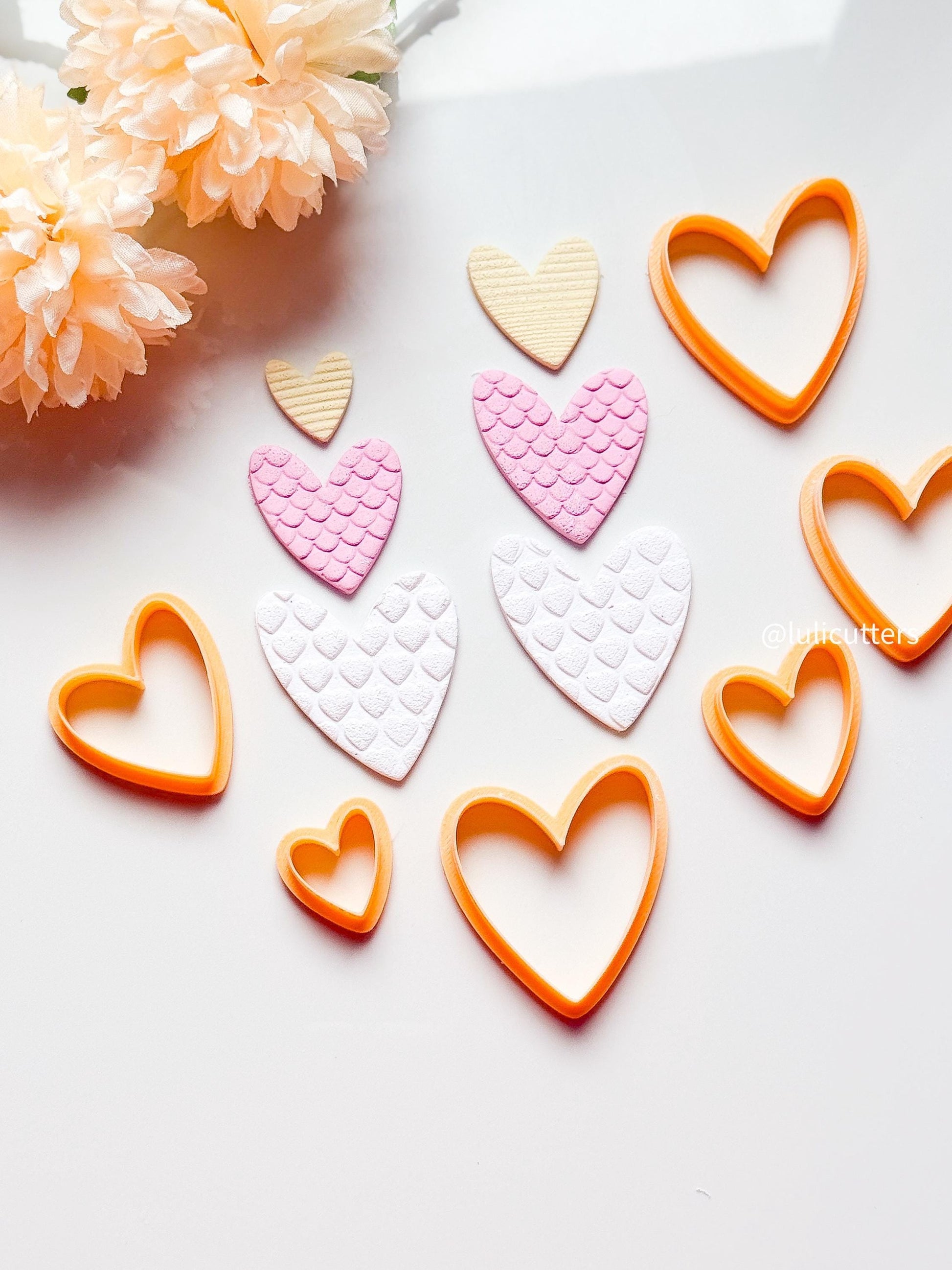 Layered Heart Polymer Clay Cutter Set 5 Sizes with Texture Imprint Details