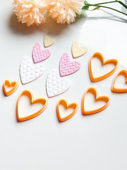 Layered Heart Polymer Clay Cutter Set 5 Sizes with Texture Imprint Details