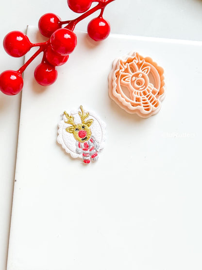 Polymer Clay Christmas Reindeer Cutter with Scarf and Imprint Details