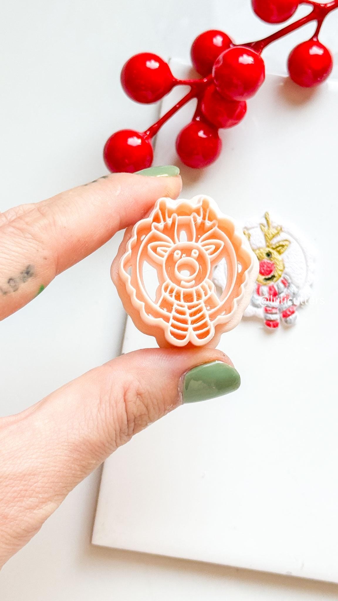 Polymer Clay Christmas Reindeer Cutter with Scarf and Imprint Details