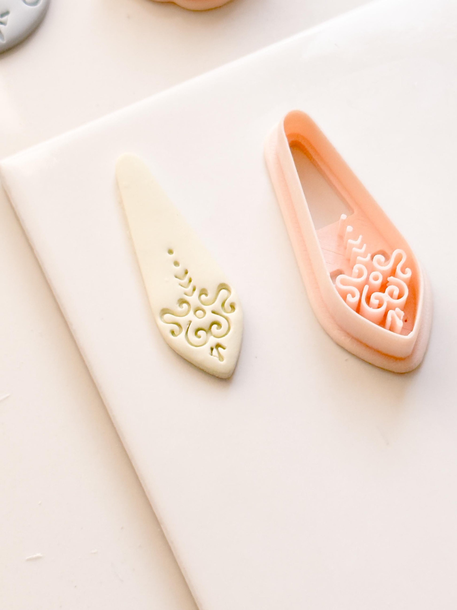 Ornate Long Drop Polymer Clay Cutter Swirl Engraved Shape for Statement Earrings & Jewelry